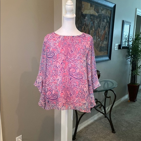 Jones New York Pink and White Paisley Blouse Top with Bell Sleeves size M - Picture 7 of 7